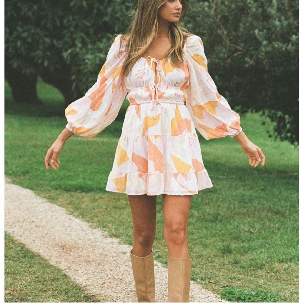 Sabo skirt nylon long puff sleeve floral mini dress